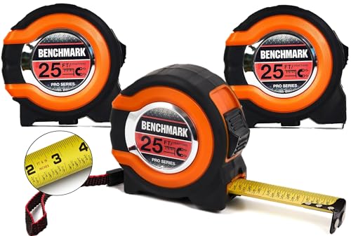 Benchmark - 3 Pack - 25 ft Tape Measures - Easy to Read Fractions to 1/8th inch - Magnetic Tip - Thumb and Quick Lock - Autowind - Belt Clip - Orange/Red - size: Orange