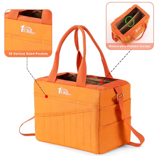 Art Craft Supply & Pottery Bag – 36 Pockets – Detachable Shoulder Strap - Handles – Removable Padded Divider - Washable – Tools, Knitting, Crochet, Yarn, Sewing, Scrapbooking, Clay, Tote - color: Mandarin