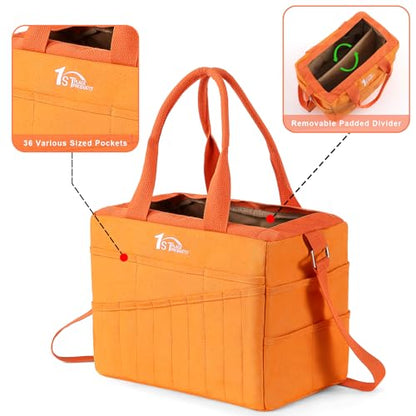 Art Craft Supply & Pottery Bag – 36 Pockets – Detachable Shoulder Strap - Handles – Removable Padded Divider - Washable – Tools, Knitting, Crochet, Yarn, Sewing, Scrapbooking, Clay, Tote - color: Mandarin