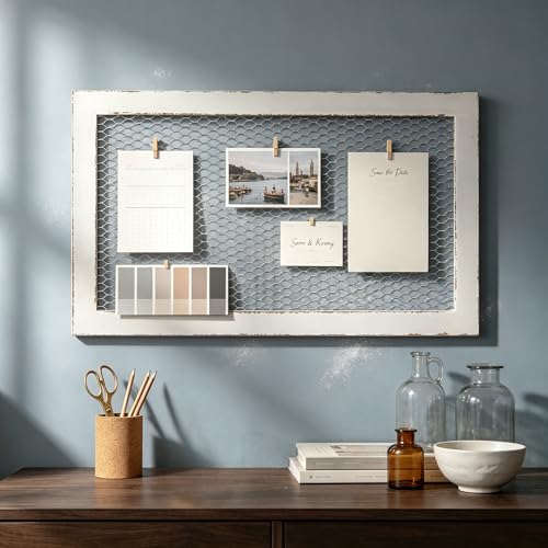 SOFE Chicken Wire White Framed Bulletin Boards, 18×29" Wood Grid Shelf - color: White