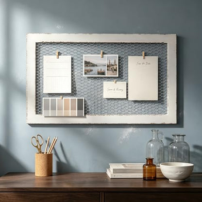 SOFE Chicken Wire White Framed Bulletin Boards, 18×29" Wood Grid Shelf - color: White