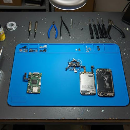 ESD Safe Soldering Mat, 2 Pcs 12”x8” Large Heat Resistant Repair Mat up to 932°F, Silicone Workstation with Grid for Phone, Laptop, Watch, BGA Electronics Repair (Blue)
