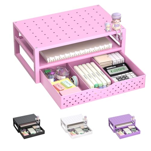 WALI Desk Organizer with Drawer，Computer Monitor Stand with Storage, Desk Organizers and Accessories for Computer, Printer, Laptop Riser for Home Office Supplies, (PTT005-P), 1 Pack, Pink - color: Pink, size: 2-Tier
