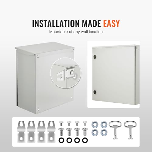 VEVOR Electrical Enclosure, 24'' x 24'' x 12'', NEMA 4 Outdoor Enclosure, IP65 Waterproof & Dustproof Cold-Rolled Carbon Steel Hinged Junction Box for Outdoor Indoor Use, with Rain Hood - size: 24'' x 24'' x 12''