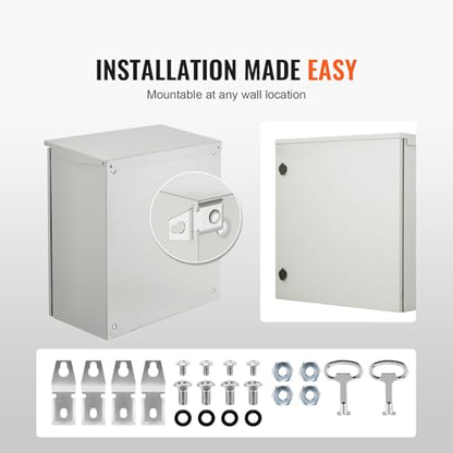 VEVOR Electrical Enclosure, 24'' x 24'' x 12'', NEMA 4 Outdoor Enclosure, IP65 Waterproof & Dustproof Cold-Rolled Carbon Steel Hinged Junction Box for Outdoor Indoor Use, with Rain Hood - size: 24'' x 24'' x 12''