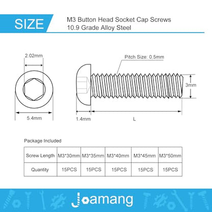 M3 x 30mm 35mm 40mm 45mm 50mm Button Head Socket Cap Screws Bolts, 10.9 Grade Alloy Steel, Black Oxide Finish, Metric Allen Hex Drive, Fully Threaded, Assortment Kit 75Pcs - size: Button M3x30-50 mm
