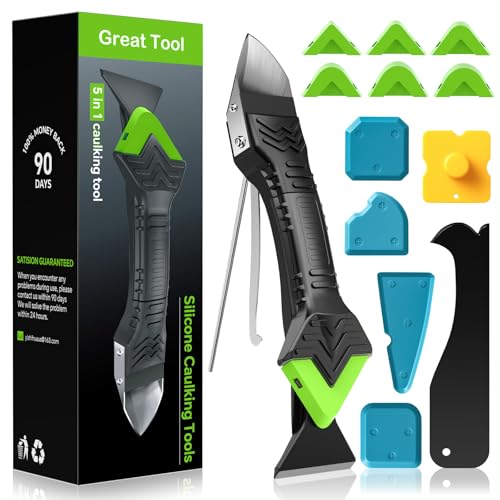 Goopreen 5 in 1 Caulking Tool Silicone Caulking Grout Removal Sealant Finishing Tool with Stainless Steel Head, 6 Replaceable Pads, Gap Seam Repair Kit for Kitchen Bathroom Sink Toilet Caulking - color: Green