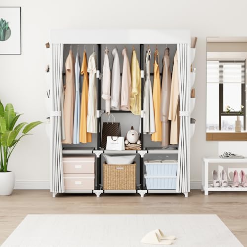 Portable Closet with Cover, 3 Hanging Rods and Side Pocket, Sturdy Free Standing Closet, White - color: White, size: 3 Row - 49.2'' Wide