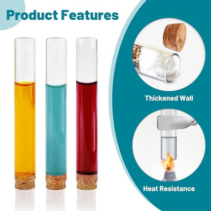 6pcs 30ml Glass Test Tube with Cork Stopper, 20x150mm Flat Bottom Storage Tube with Cap, 6 Holes Acrylic Rack, Plant Propagation Vase Set for Scientific Experiments Lab Candy Liquid Party Decor - size: 20 x 150mm
