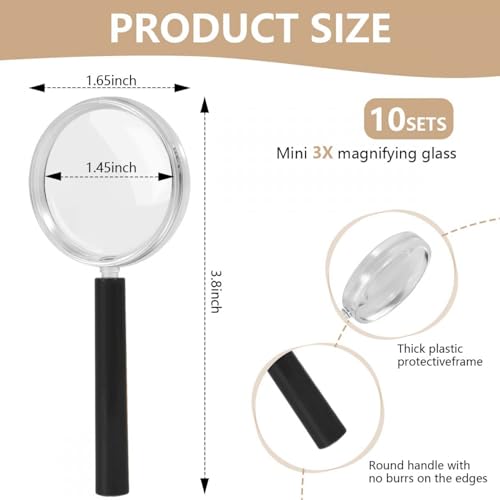 SenseYo 10 Pack 3X Mini Kids Magnifying Glass Handheld Small Magnifier for Seniors Reading Close Work Book Newspaper Hobby Nature Exploration Scientific Activities