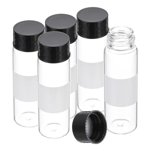 PATIKIL Small Glass Sample Bottles with Lids, 5 Pcs 15ml Clear Glass Vials with Black Screw Caps Mini Leak Proof Reagent Sealed Bottles with Writing Label for Solid Liquid Powder Storage - color: Black/Clear, size: 15ml