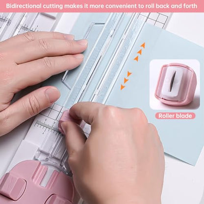 Paper Cutter,4-in-1 Paper Trimmer,Photo Cutter,Multi-Function Scrapbooking Tool with Dial Blades of Straight,Wave,Perforated,Creasing for Cutting Paper,Coupons,Postcards,Card (Pink) - color: Pink