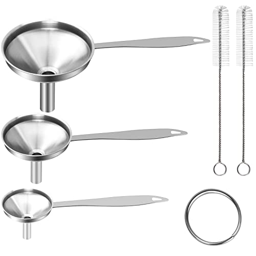 Large Small Funnel Set of 3, Food Grade Mini Funnels for Kitchen Use Filling Bottles Liquor Flask Tiny Spice Cooking Powder, 6Pcs Metal Stainless Steel Funnel (Long Handle), 2Pcs Cleaning Brushes YLYL