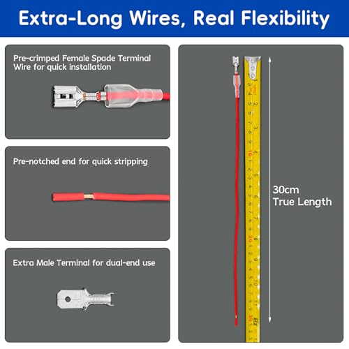 Speaker Wire Connector Kit 30PCS 18AWG Female Spade Terminal Wire Connectors Pre-Crimped 2.8/4.8/6.3mm, 30cm Red & Black, with 15PCS Extra Open-End Male Terminals—All with Insulating Sleeves - size: 2.8/4.8/6.3mm