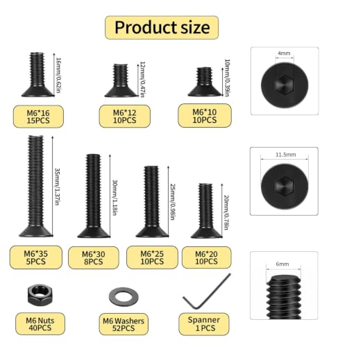 161 PCS M6 Countersunk Bolt Kit, M6 Flat Head Machine Screws Assortment - size: M6