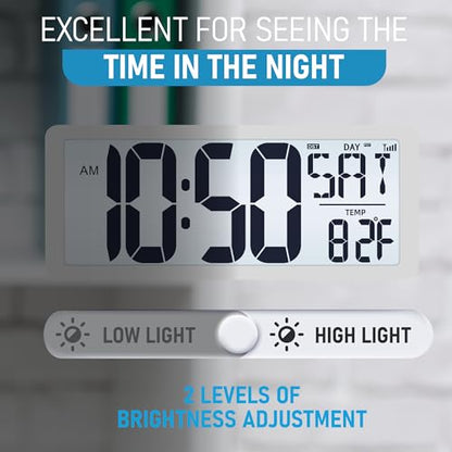 TXL Atomic Clock with Backlight, 14.2" Digital Wall Clock, Battery Operated, Large Display with Day, Date & Temperature, Bedroom, Living Room, Office - color: White Atomic Backlight-14.2in