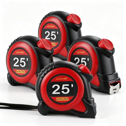 Lichamp Auto-Lock Tape Measure 4 Pack 25ft EasyRead Retractable 1/8in
