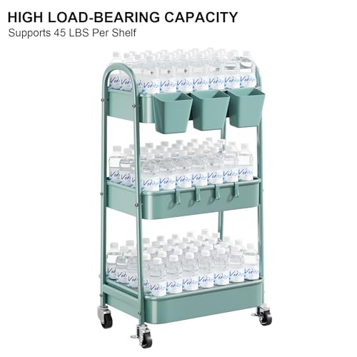 3 Tier Green Metal Rolling Cart with Lockable Wheels, 3 Tiered Roller Shelf - color: Elegant Green, size: 3 tier