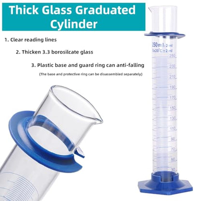 2Pcs 250ml Graduated Cylinder, Thick Glass Measuring Cylinder, with Anti-Falling Plastic Base and Bumper Guards, for Science Laboratory Measuring Liquid, Bring 2 Brushes and droppers - size: 250ml