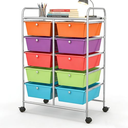 COSTWAY 10 Drawer Rolling Storage Cart, Utility Cart with Lockable Wheels - color: Multi-color, size: 10 Drawer