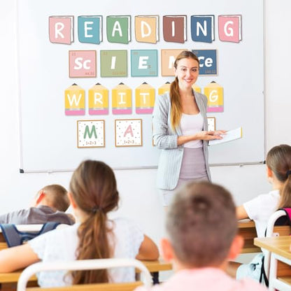 23 Pcs Core Subjects Bulletin Board Decorations Science Reading Math Writing Banner Reading Bulletin Board Poster Boho Subject Label Cutouts for Back to School Classroom Decoration Teacher Wall Decor