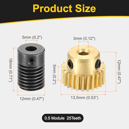 uxcell Worm Gear Set Right Rotation 25T 0.5 Module 1:25 Reduction Rate - size: Gear-3mm, Rod-5mm Bore, style: 0.5M-25T