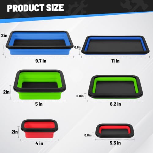 Collapsible Magnetic Parts Tray Set, 3 Different Size Parts Trays - color: Blue (L) + Green (M) + Red (S)