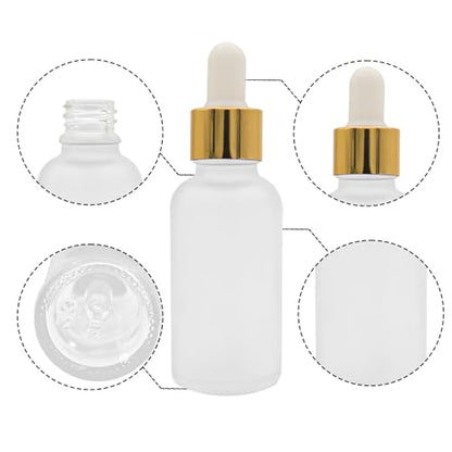 12 Pack,Clear Frosted Glass Dropper Bottle for Essential Oils,Empty Glass Liquid Holder With Glass Eye Dropper,Golden Caps Travel Perfume Cosmetic Container-Pipette&Funnel included (30ml/1oz) - color: Clear Frosted, size: 1 Ounces