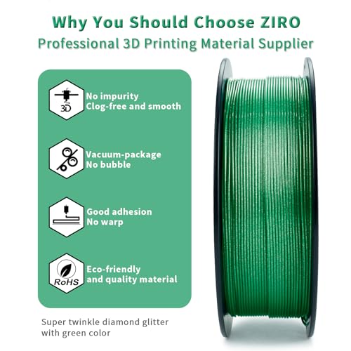 ZIRO 3D Printer Filament, 1.75mm Glitter Sparkle PLA, 1KG Diamond Green - color: Diamond-green
