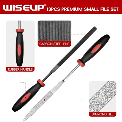 WISEUP 13PCS Needle File Set Includes 6 Diamond Files & 6 Steel Files