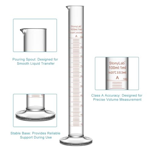stonylab Class A Graduated Cylinder, 100 ml Borosilicate Glass High Precision Measuring Cylinder with Clear Scale and Stable Base for Laboratory Liquid Measurement - size: 100 ml