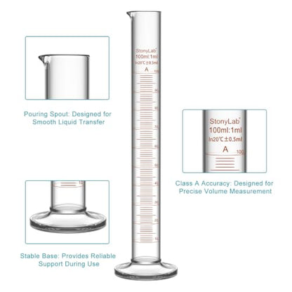 stonylab Class A Graduated Cylinder, 100 ml Borosilicate Glass High Precision Measuring Cylinder with Clear Scale and Stable Base for Laboratory Liquid Measurement - size: 100 ml