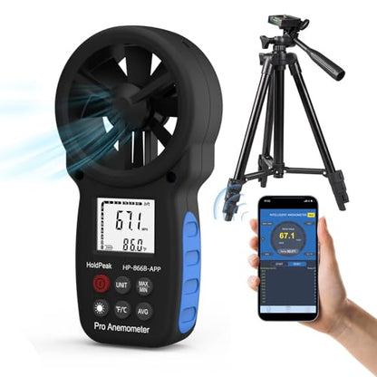 HoldPeak Handheld Anemometer Bluetooth with Tripod, Digital Wind Speed Gauge Meter, Air Flow Velocity Temperature CFM Measuring Device for HVAC Outdoor Sailing Shooting Golf, 866B-APP