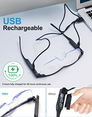 OKH 200% Magnifying Glasses with Light, Rechargeable LED Lighted Magnification Eyeglasses, Anti Blue Light, Bright Sight Hands Free Magnifier for Close Work, Craft, Jewellers, Reading, Hobby - color: Black, size: 2.0x