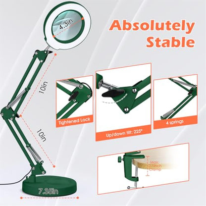 12X Magnifying Glass with Light and Stand, Real Glass Lens Desk Lamp, Lighted Magnifier with Light Stepless Dimming Hands Free for Craft, Reading, Painting, Sewing, Solder - Green - color: Green