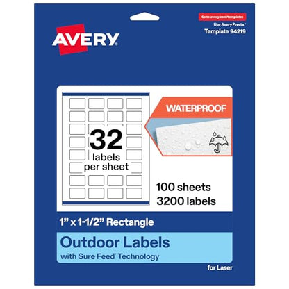 Avery Outdoor Waterproof Rectangle Labels with Sure Feed Technology, 1" x 1.5", White Film, Print-to-the-Edge, Compatible with Laser Printers, 3200 Labels Total - style: 3,200 labels