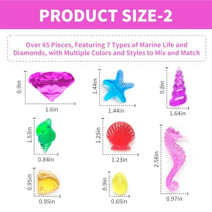 60Pcs Diving Gems Pool Toys Big Colorful Diamonds Set with Treasure Chest - color: Gold Bronze Chest + Shells Gems