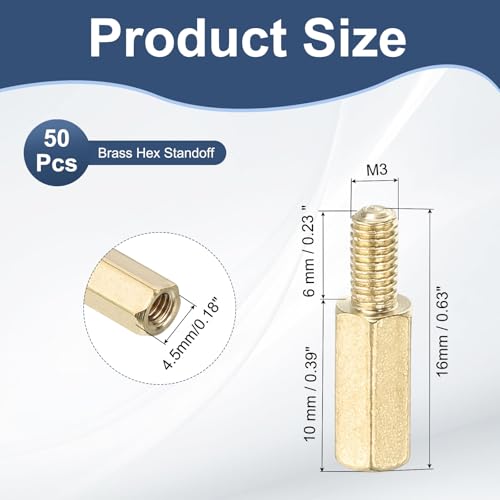 PATIKIL 50 Pcs Male to Female Thread Spacer Screws M3 x 10mm + 6mm Brass Hex Standoff PCB Motherboard Spacer Screw Nut for Drone Quadcopter Computer Electronic Projects Circuit Board - size: M3 x 10mm + 6mm