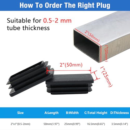 4 Pack 1"x 2" Black Rectangular Tube End Cap Plastic Plugs - color: Black, size: 2" x 1" - 4 pcs
