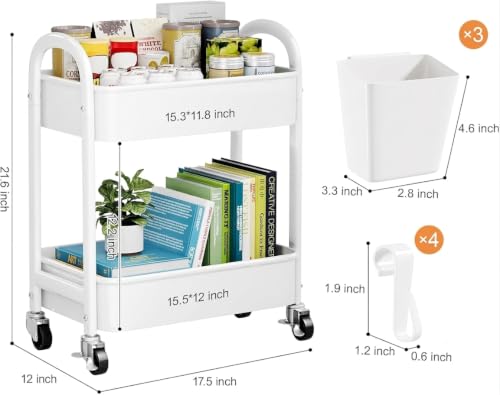 2 Tier Rolling Cart Metal with Wheels,White Under Desk Storage Roller Carts - color: Simple White, size: 2 tier