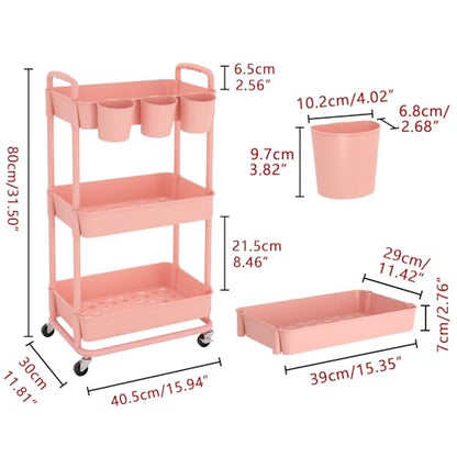 JIUYOTREE 3-Tier Plastic Rolling Storage Cart Utility Cart Pink - color: Pink, size: 3-Tier