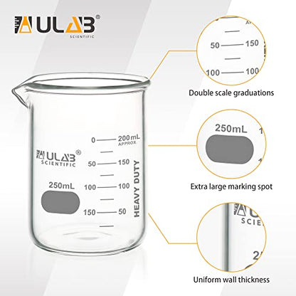 ULAB Heavy Duty Glass Beakers, 6pcs of Vol.250ml(8.45oz), Borosilicate 3.3 Glass, Thick Wall Beakers, with Double Scale, Superior Durability & Chemical Resistance, UBG1055 - style: 6pcs of Vol.250ml