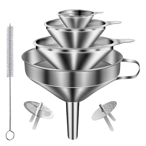 Stainless Steel Funnels for Kitchen use,4PCS Kitchen Metal Funnel with 2 Removable Strainer,Cleaning Brush.Funnel for Filling Bottles,for Transferring of Liquid,Oils,Jam (5.1",3",2.2",1.8") - size: 4pcs Funnel set
