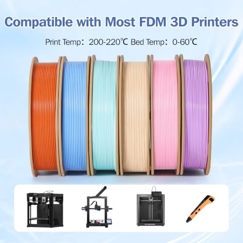 PLA 3D Printer Filament Bundle 1.75mm, 6 Colors Pastel 250g Each