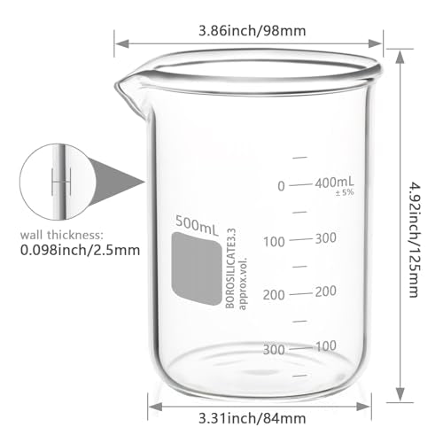 Heavy Duty 500ML Glass Beaker, White Double Scale Graduation, Borosilicate 3.3 Glass, Low Form Griffin Lab Measuring Beaker, 1 Each (500ML) - size: 500ML