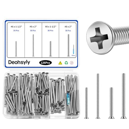 126Pcs Long Electrical Outlet Screws, #6-32#8-32 Wall Plate Switch Screws, Flat Head Phillips Machine Screws for Outlets, Light Switches & Deep Junction Boxes, 304 Stainless, with Tool - color: Silver, size: #6#8 126Pcs