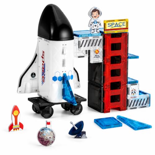 VROGTIK Space Magnetic Tiles for Kids, 30 PCS Rocket Ship & Space Station Building Blocks Set with Astronaut, STEM Construction Toy, Educational Gift for Boys Girls Ages 3-8