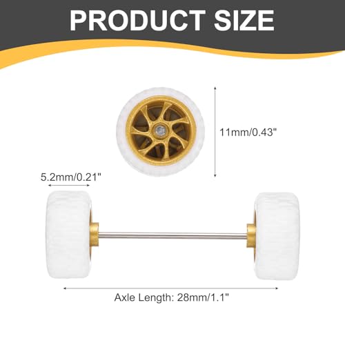 MECCANIXITY 4 Set 1/64 Wheels and Tires Set, Real Riders Rims Includes Axles for RC Diecast Car DIY Model, White with Gold 7-Spoke Rims, 11 x 5.2mm
