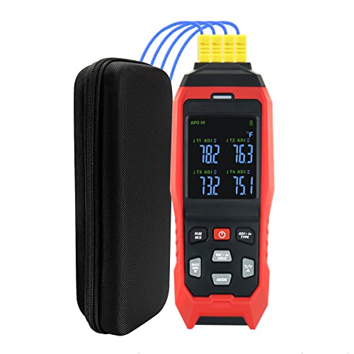 Thermocouple Thermometer Data Logger 4 Channels Digital K Type Thermometer with 5000 Groups Programmable Temperature Recording -328~2501℉ Measuring Range, Audible & Visible Alarm ADJ Compensation - color: Red and Black