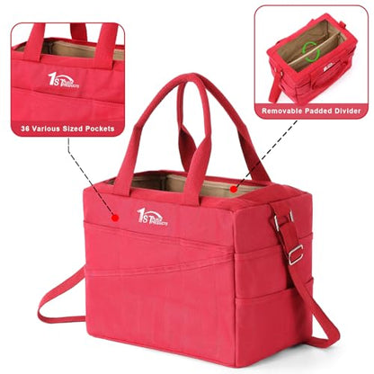 Art Craft Supply & Pottery Bag – 36 Pockets – Detachable Shoulder Strap - Handles – Removable Padded Divider - Washable – Tools, Knitting, Crochet, Yarn, Sewing, Scrapbooking, Clay, Tote - color: Lava Red